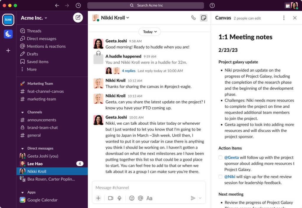 Screenshot of Canvas in DM - Slack launches canvas for streamlined knowledge sharing